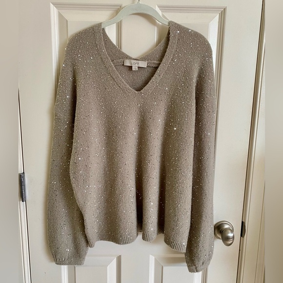 LOFT sparkle sweater in tan/beige with double V neckline. Size-Medium - Picture 1 of 5